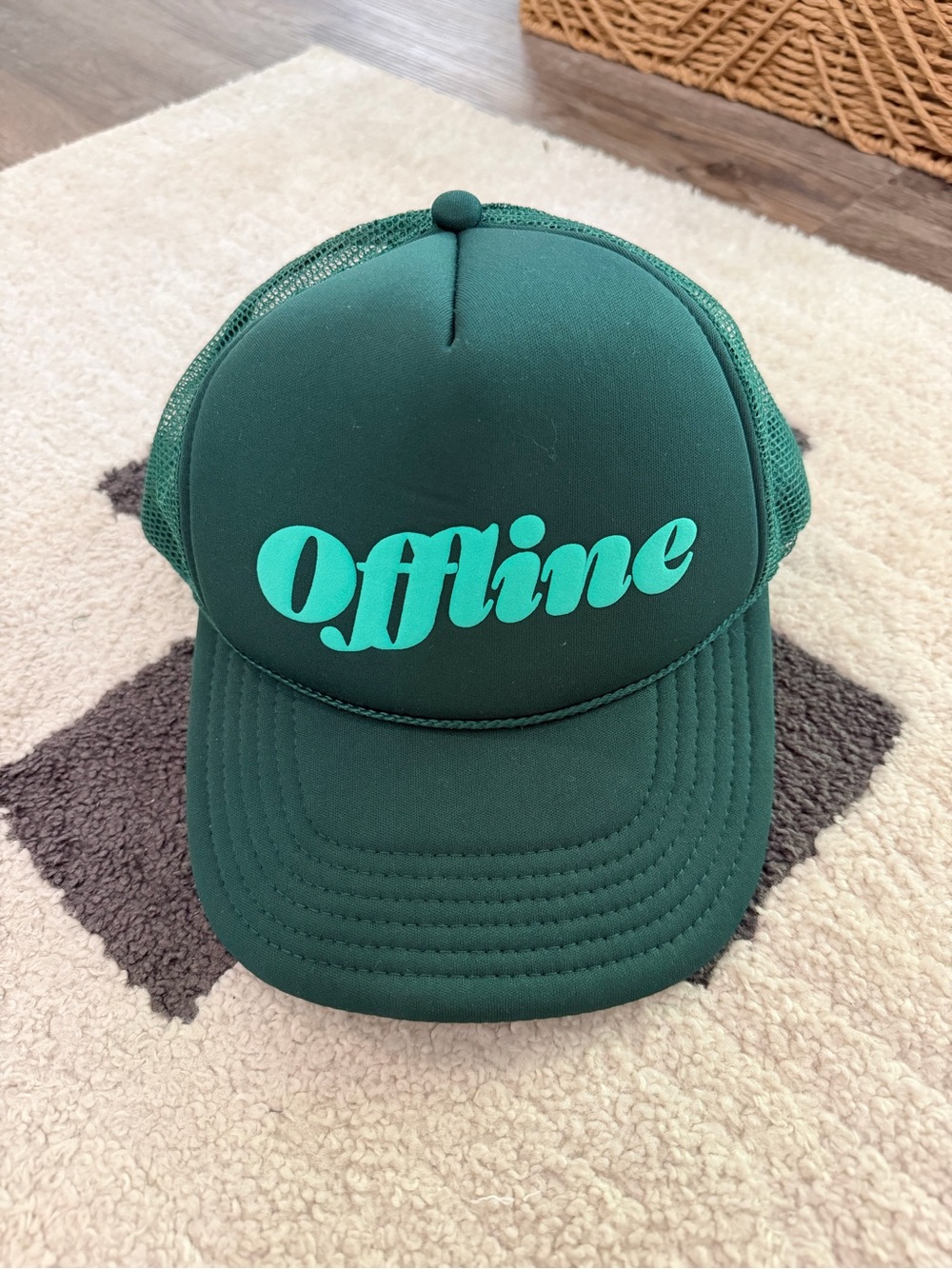 aerie Forest Green Trucker Hat with Teal "Offline" Script